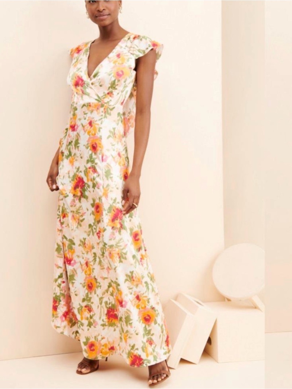 ANTHROPOLOGIE Hutch Lrg Feminine Wedding Ella Satin Backless Floral Maxi Dress